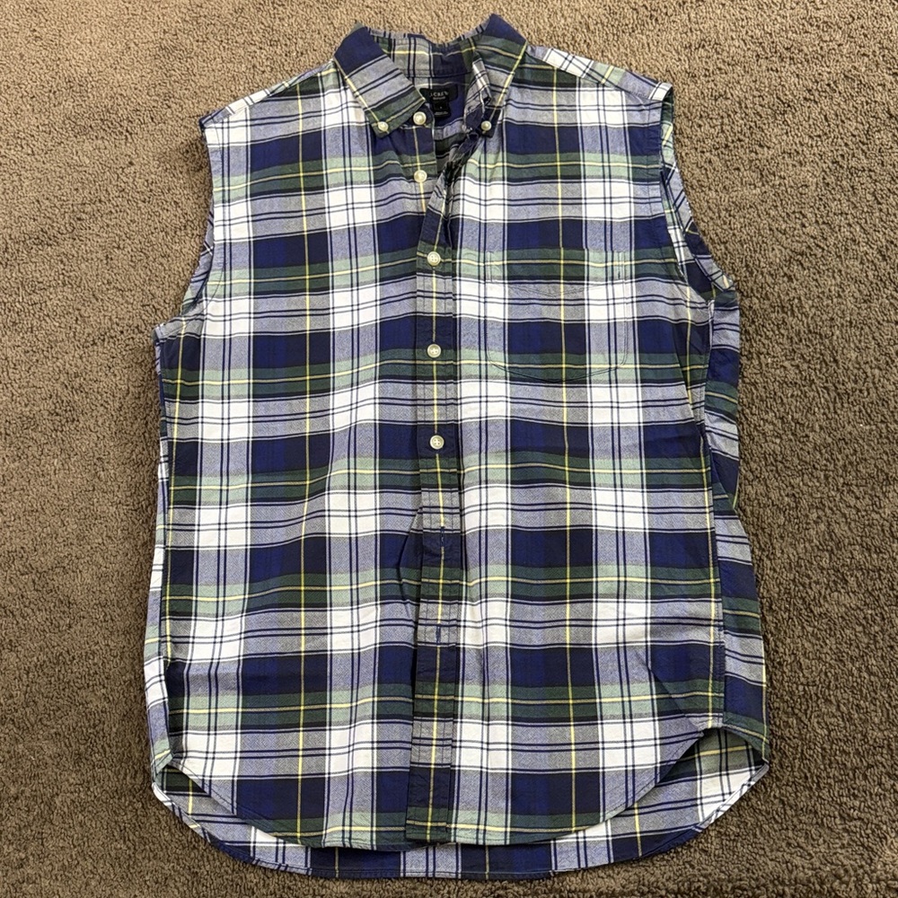 J. Crew Men's Sleeveless Plaid Button-Down Shirt - Blue, White, Green